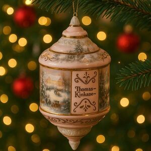 Thomas Kinkade Christmas Ornament Pink Gold Finial Winter Mansion Sleigh Topper